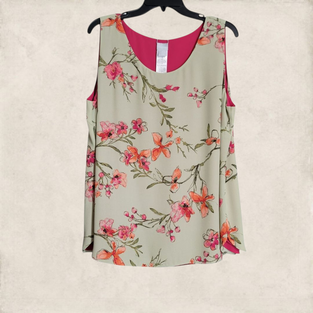Chico's Sleeveless Floral Sketched Blooms Olive To Solid Pink Reversible Tank